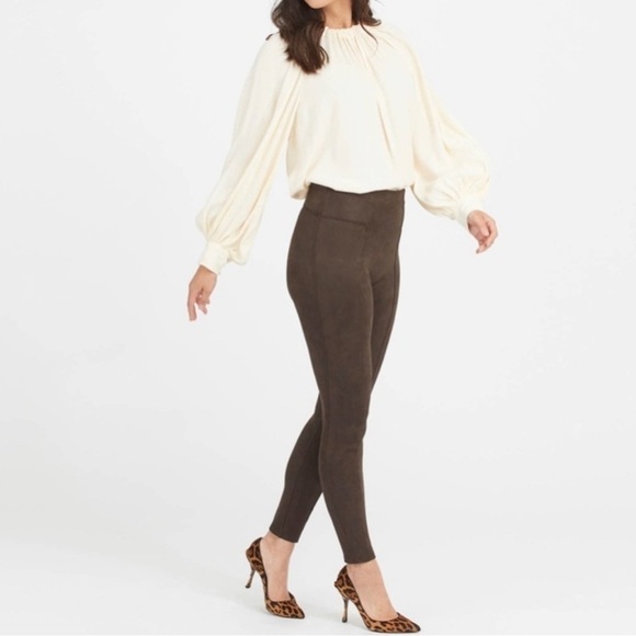 Spanx Faux Leather Leggings Chocolate Brown Stretch Seamed Women’s Medium M - Picture 1 of 10
